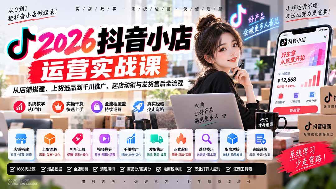 (20568期)2026抖音小店运营实战课|从店铺搭建、上货选品到千川推广、起店动销与发货售后全流程-优优云网创-中创网