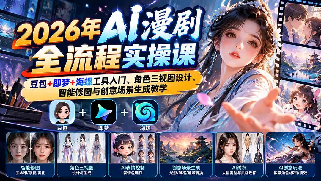 （21077期）2026年AI漫剧全流程实操课：豆包+即梦+海螺工具入门、角色三视图设计、智能修图与创意场景生成教学-优优云网创-中创网