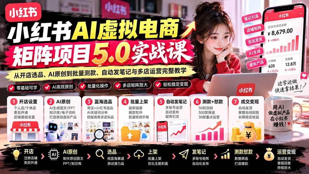 (21273期)小红书AI虚拟电商矩阵5.0实战课:从开店选品、AI原创到批量测款、自动发笔记与多店运营完整教学-优优云网创-中创网