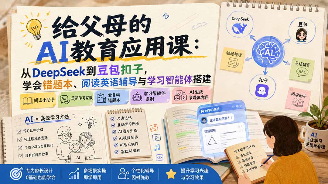 给父母的AI教育应用课：从DeepSeek到豆包扣子，学会错题本、阅读英语辅导与学习智能体搭建-优优云网创
