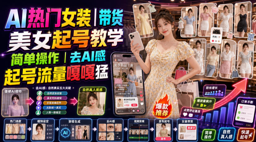 AI热门女装带货丨美女起号教学，简单操作，去AI感，起号流量嘎嘎猛-优优云网创