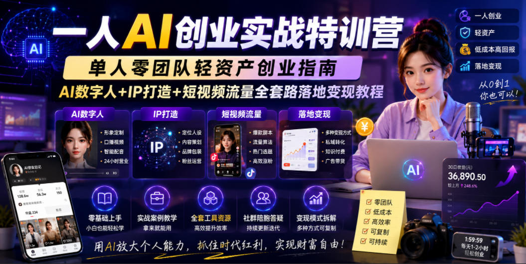 一人AI创业实战特训营,单人零团队轻资产创业指南,AI数字人+IP打造+短视频流量全套路落地变现教程-优优云网创