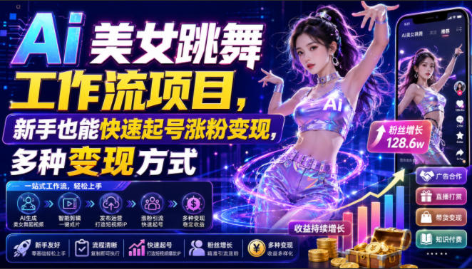 Ai美女跳舞工作流项目，新手也能快速起号涨粉变现，多种变现方式-优优云网创