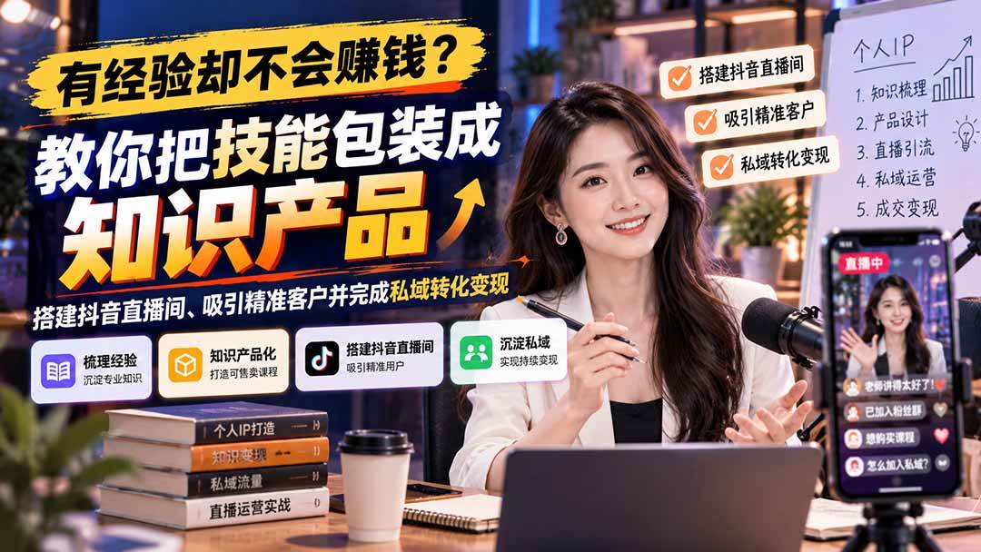 (21268期)有经验却不会赚钱?教你把技能包装成知识产品,搭建抖音直播间、吸引精准客户并完成私域转化变现-优优云网创-中创网