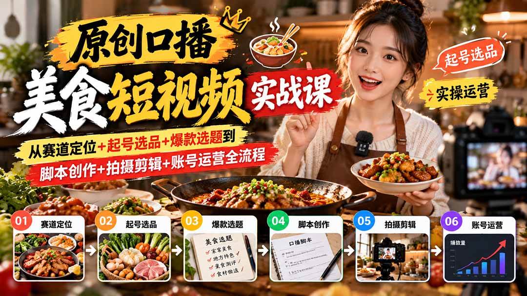 (20786期)原创口播美食短视频实战课:从赛道定位+起号选品+爆款选题到脚本创作+拍摄剪辑+账号运营全流程-优优云网创-中创网