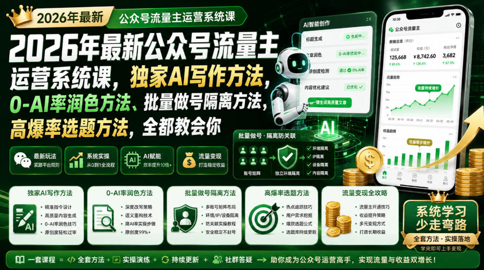 2026年最新公众号流量主运营系统课,独家AI写作方法,0-AI率润色方法、批量做号隔离方法、高爆率选题方法,全都教会你-优优云网创