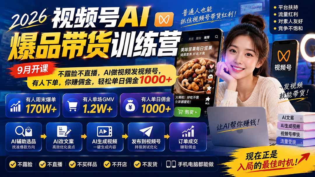 (20537期)2026视频号AI爆品带货训练营-9月开课|不露脸不直播,AI做视频发视频号,有人下单,你赚佣金,轻松单日佣金1000+-优优云网创-中创网