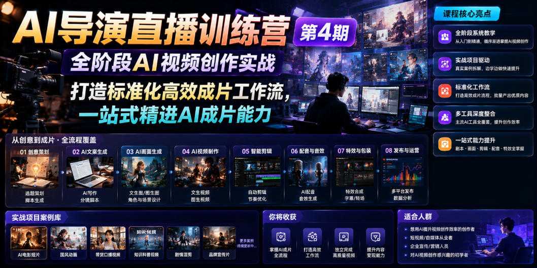 AI导演直播训练营第4期|全阶段AI视频创作实战,打造标准化高效成片工作流,一站式精进AI成片能力-优优云网创