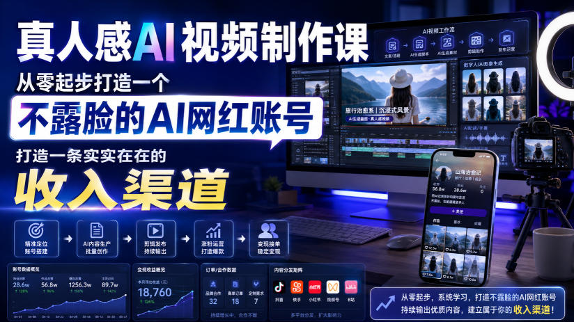 真人感AI视频制作课,从零起步打造一个不露脸的AI网红账号,打造一条实实在在的收入渠道【原创双语字幕】-优优云网创