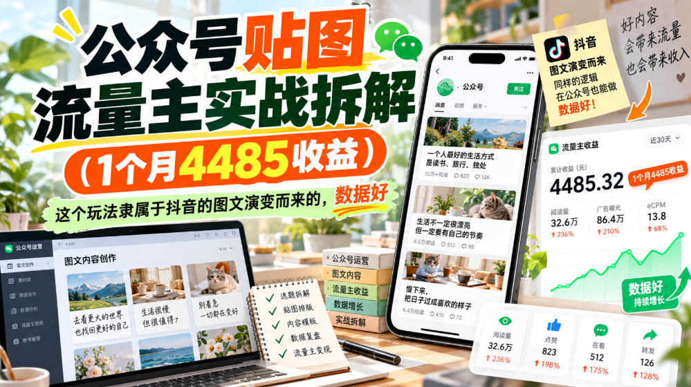 公众号贴图流量主实战拆解(1个月4485收益)，这个玩法隶属于抖音的图文演变而来的，数据好-优优云网创-中创网