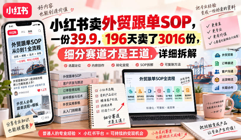 小红书卖外贸跟单sop，一份39.9，196天卖了3016份，细分赛道才是王道，详细拆解-优优云网创-中创网