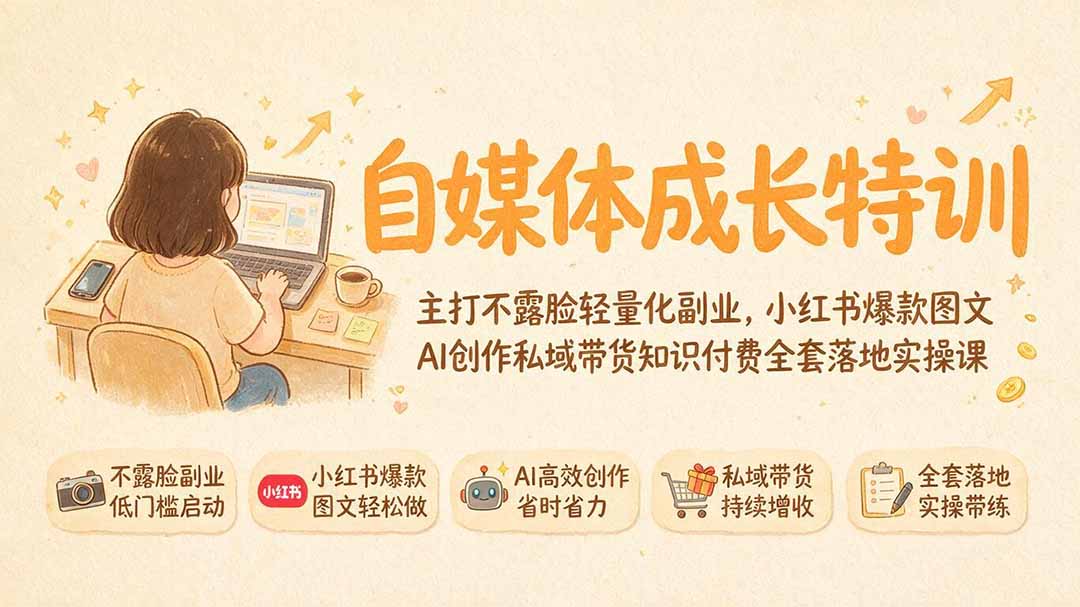 自媒体成长特训|主打不露脸轻量化副业,小红书爆款图文AI创作私域带货知识付费全套落地实操课-优优云网创
