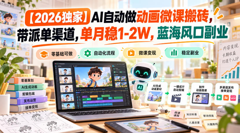 【2026独家】AI自动做动画微课搬砖,带派单渠道,单月稳1-2W,蓝海风口副业【揭秘】-优优云网创-中创网