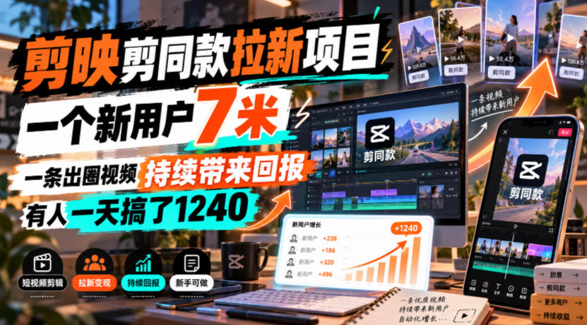 剪映剪同款拉新项目,一个新用户7米,一条出圈视频持续带来回报,有人一天搞了1240-优优云网创-中创网