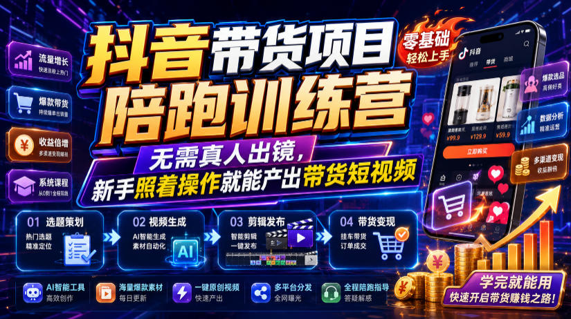 抖音带货项目陪跑训练营,无需真人出镜,新手照着操作就能产出带货短视频-优优云网创