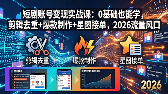 短剧账号变现实战课:0基础也能学,剪辑去重+爆款制作+星图接单,2026流量风口-优优云网创