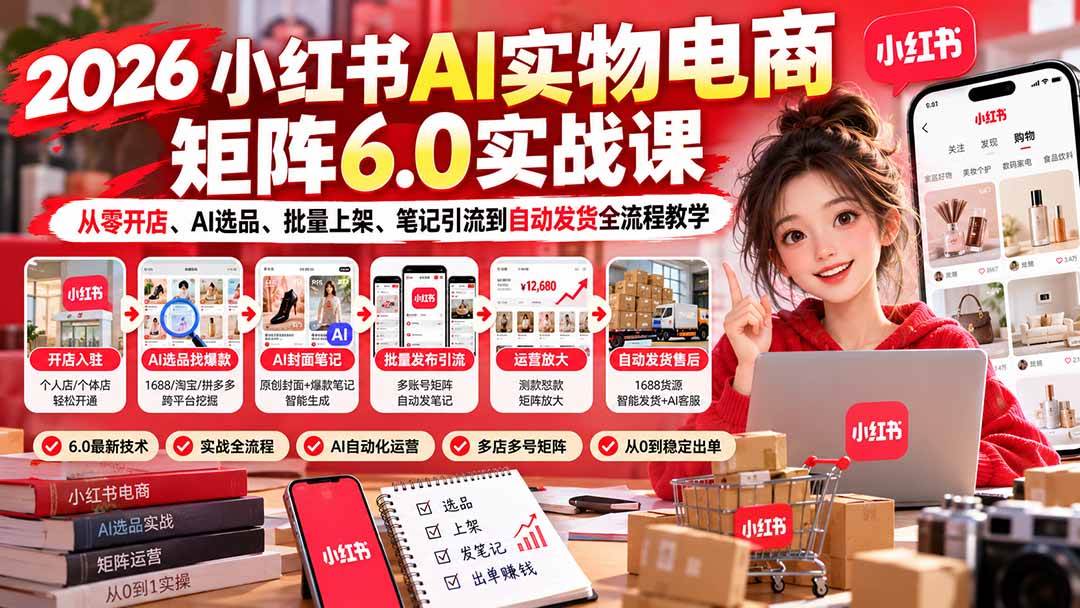 (21274期)2026小红书AI实物电商矩阵6.0实战课:从零开店、AI选品、批量上架、笔记引流到自动发货全流程教学-优优云网创-中创网