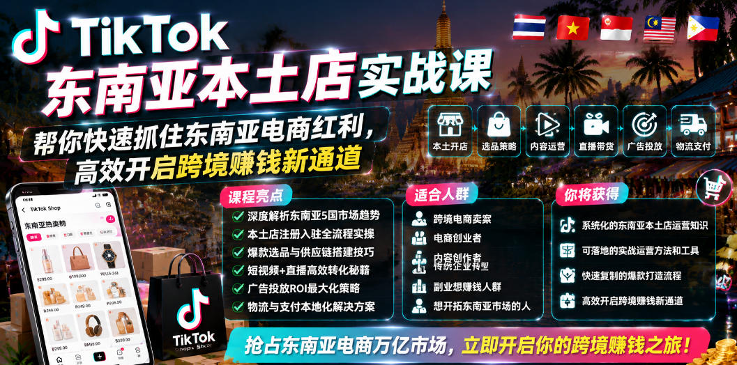 TikTok东南亚本土店实战课,帮你快速抓住东南亚电商红利,高效开启跨境賺钱新通道-优优云网创