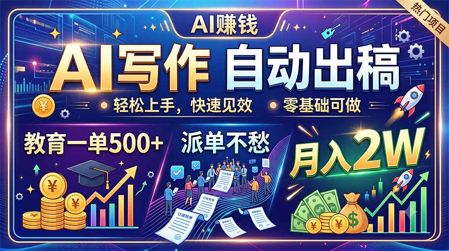 AI写作自动出稿,教育一单500+,派单不愁,月入2W-优优云网创