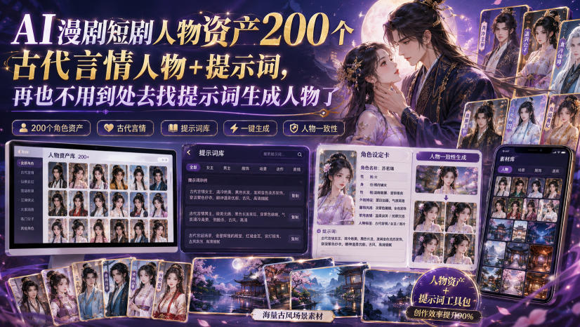 AI漫剧短剧人物资产200个古代言情人物+提示词，再也不用到处去找提示词生成人物了-优优云网创