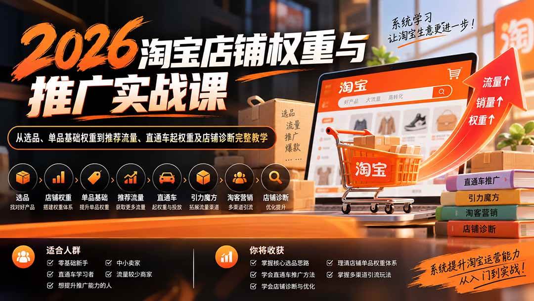 (20411期)2026淘宝店铺权重与推广实战课:从选品、单品基础权重到推荐流量、直通车起权重及店铺诊断完整教学-优优云网创-中创网