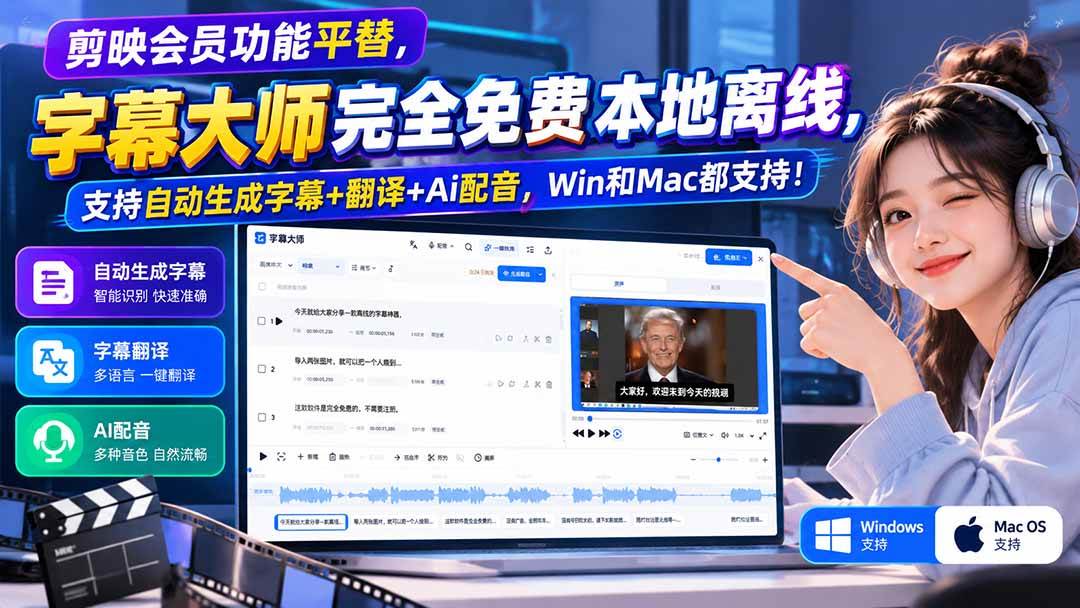 （20902期）剪映会员功能平替，字幕大师完全免费本地离线，支持自动生成字幕+翻译+Ai配音，Win和Mac都支持！-优优云网创-中创网