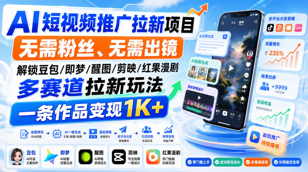 AI短视频推广拉新项目,无需粉丝、无需出镜,解锁豆包/即梦/醒图/剪映/红果漫剧多赛道拉新玩法,一条作品变现1K+(更新0910)-优优云网创-中创网