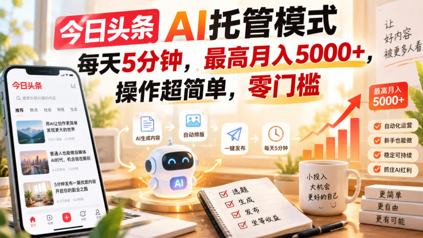 今日头条AI托管模式,每天5分钟,最高月入5000+,操作超简单,零门槛【揭秘】 今日头条AI托管模式,每天5分钟,最高月入5000+,操作超简单,零门槛【揭秘】