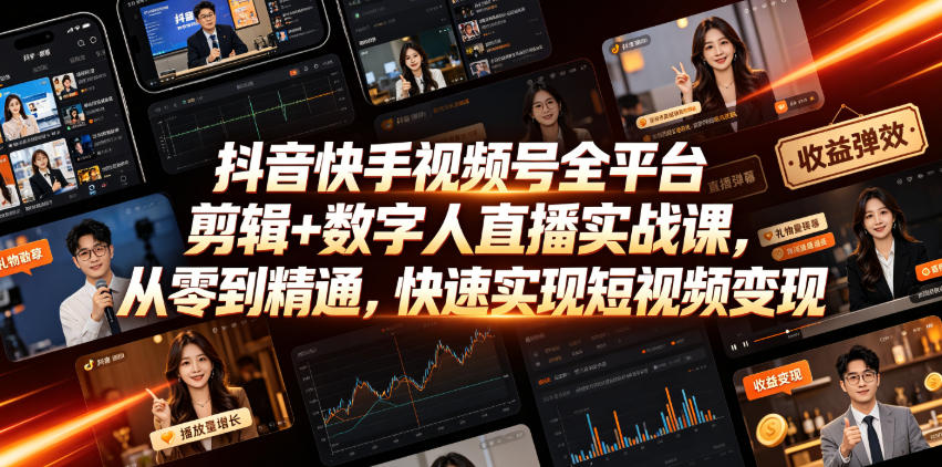 抖音快手视频号全平台剪辑+数字人直播实战课,从零到精通,快速实现短视频变现(更新2026年6月)-优优云网创