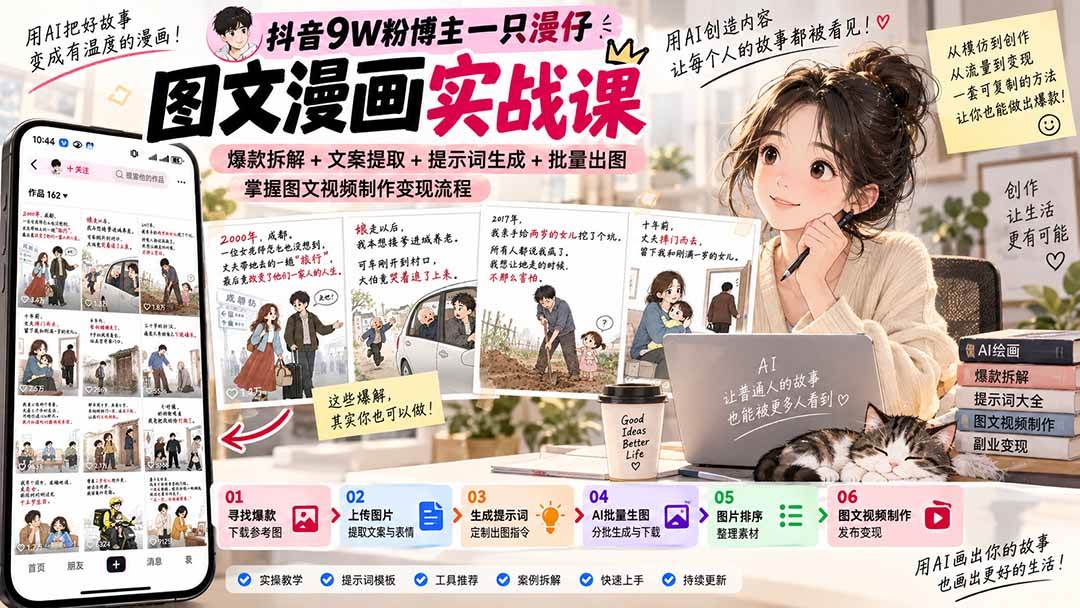 （20584期）抖音9W粉博主一只漫仔图文漫画课：爆款拆解+文案提取+提示词生成+批量出图，掌握图文视频制作变现流程-优优云网创-中创网