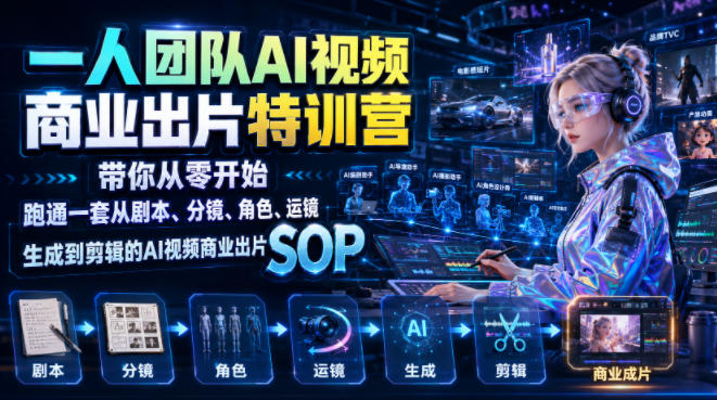一人团队AI视频商业出片实战课：带你从零开始跑通一套从剧本、分镜、角色、运镜、生成到剪辑的AI视频商业出片SOP-优优云网创