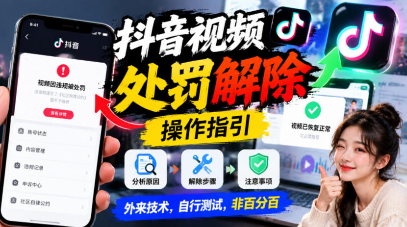 抖音视频处罚解除操作指引,外来技术,自行测试,非百分百-优优云网创-中创网