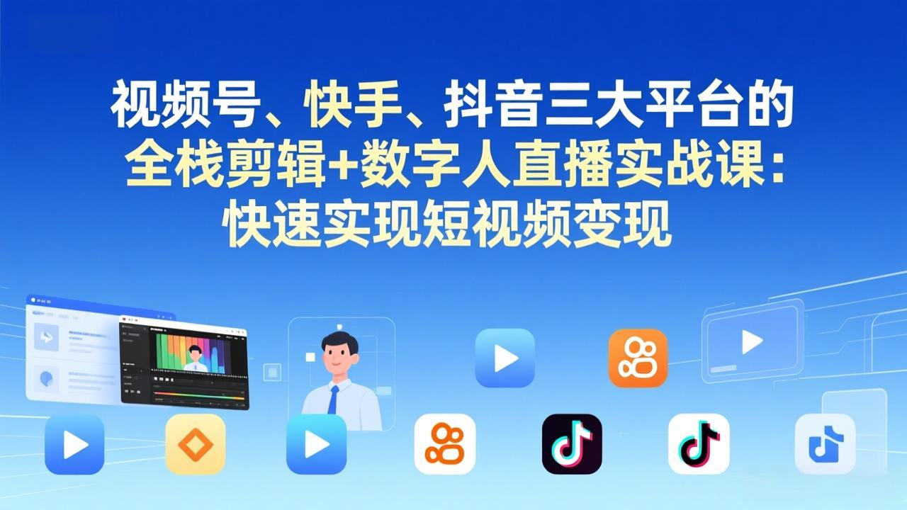 视频号+快手+抖音三大平台的全栈剪辑+数字人直播实战课-3月更新：快速实现短视频变现-优优云网创