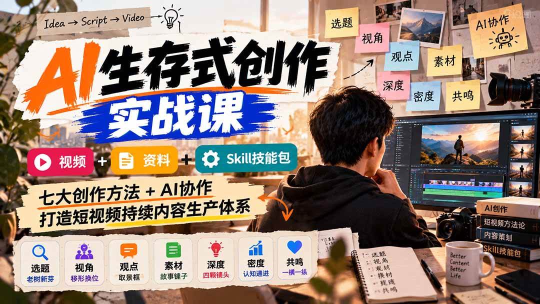 （21081期）AI生存式创作实战课：视频+资料+Skill技能包，七大创作方法+AI协作，打造短视频持续内容生产体系-优优云网创-中创网