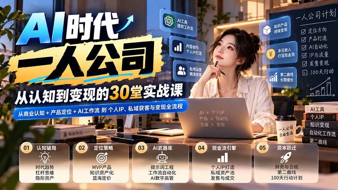 (20847期)【无水印】AI时代一人公司30堂实战课:从商业认知+产品定位+AI工作流到个人IP、私域获客与变现全流程-优优云网创-中创网
