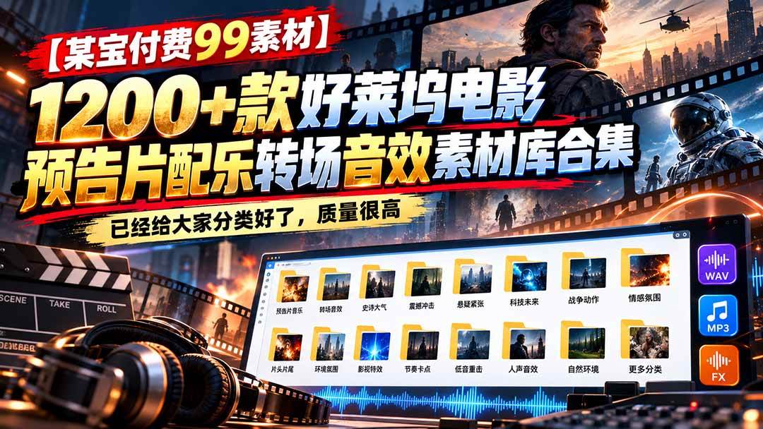 （20797期）【某宝付费99素材】1200+款好莱坞电影预告片配乐转场音效素材库合集-优优云网创-中创网