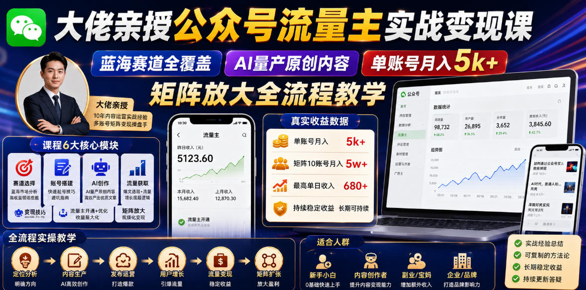 大佬亲授公众号流量主实战变现课,蓝海赛道全覆盖,AI量产原创内容,单账号月入5k+矩阵放大全流程教学-优优云网创