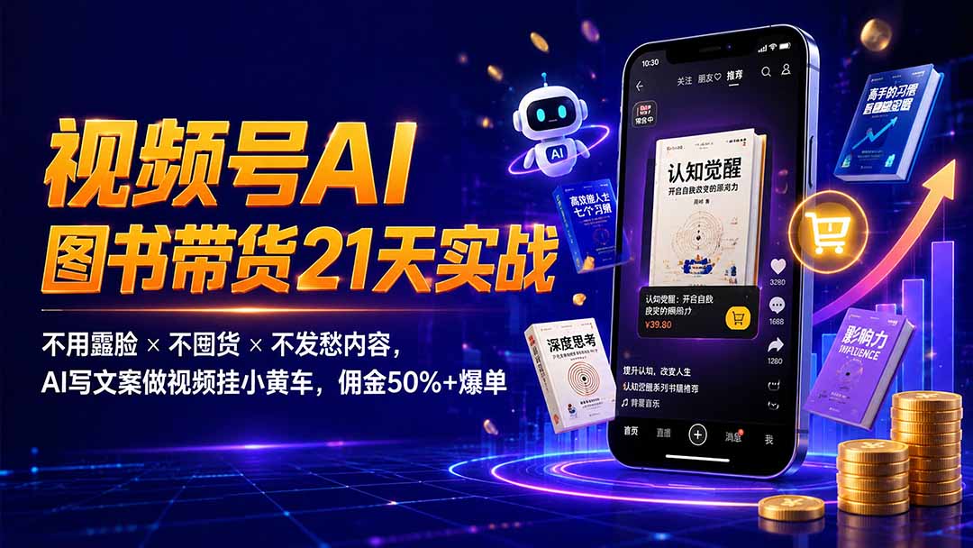 繁花视频号AI图书带货21天实战:不用露脸×不囤货×不发愁内容,AI写文案做视频挂小黄车,佣金50%+爆单-优优云网创