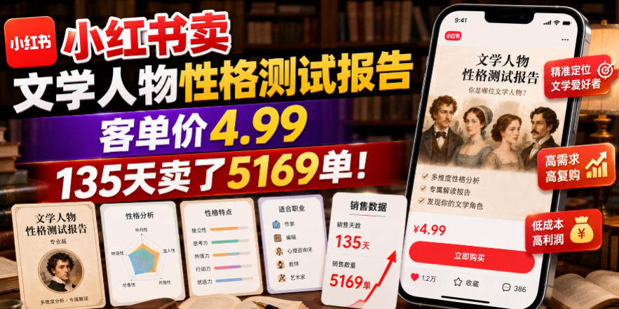 小红书卖文学人物性格测试报告,客单价4.99,135天卖了5169单!-优优云网创