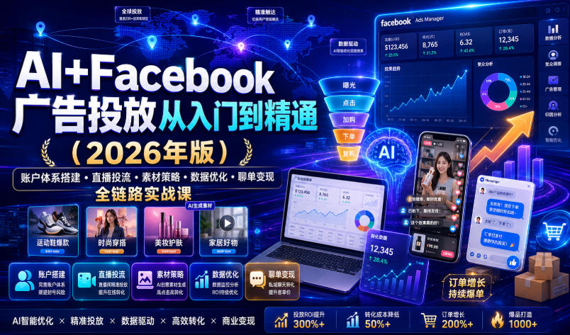 AI+Facebook广告投放从入门到精通(2026年版)|账户体系搭建・直播投流・素材策略・数据优化・聊单变现全链路实战课-优优云网创