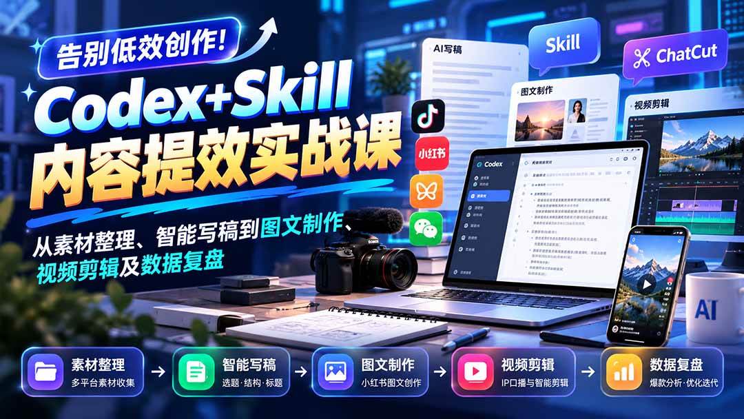(20915期)【无水印】告别低效创作!Codex+Skill内容提效实战课:从素材整理、智能写稿到图文制作、视频剪辑及数据复盘-优优云网创-中创网