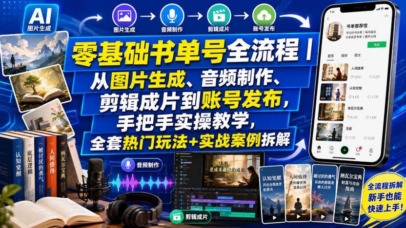 零基础书单号全流程|从图片生成、音频制作、剪辑成片到账号发布,手把手实操教学,全套热门玩法+实战案例拆解-优优云网创
