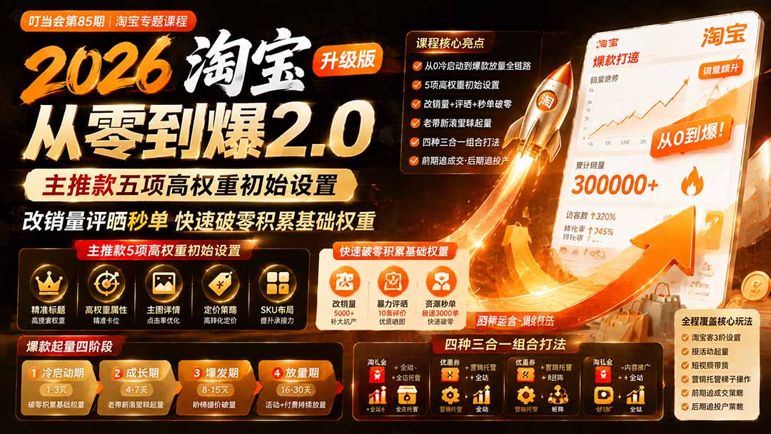 2026淘宝从零到爆2.0第85期;主推款五项高权重初始设置,改销量评晒秒单快速破零积累基础权重-优优云网创-中创网