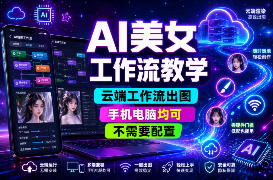 AI美女工作流教学,云端工作流出图,手机电脑均可,不需要配置,快速起号涨粉-优优云网创