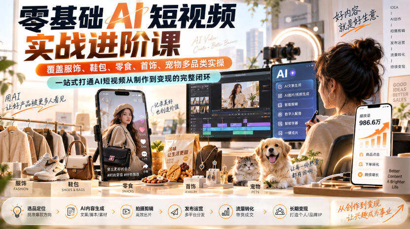 零基础AI短视频实战进阶课,覆盖服饰、鞋包、零食、首饰、宠物多品类实操,一站式打通AI短视频从制作到变现的完整闭环-优优云网创-中创网