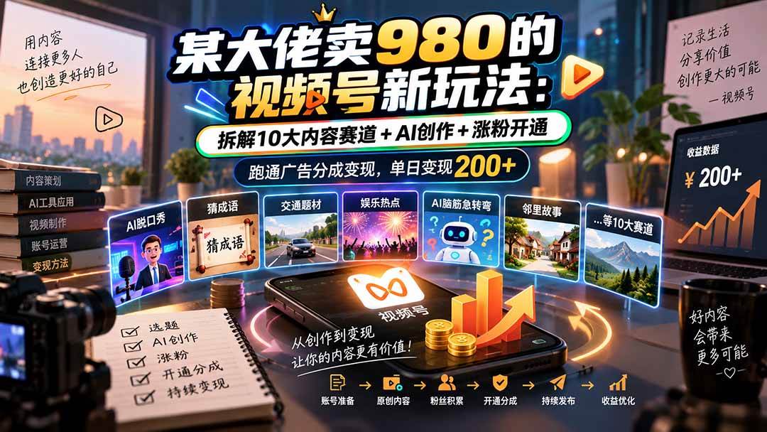 (20573期)某大佬卖980的视频号新玩法:拆解10大内容赛道+AI创作+涨粉开通,跑通广告分成变现,单日变现200+-优优云网创-中创网
