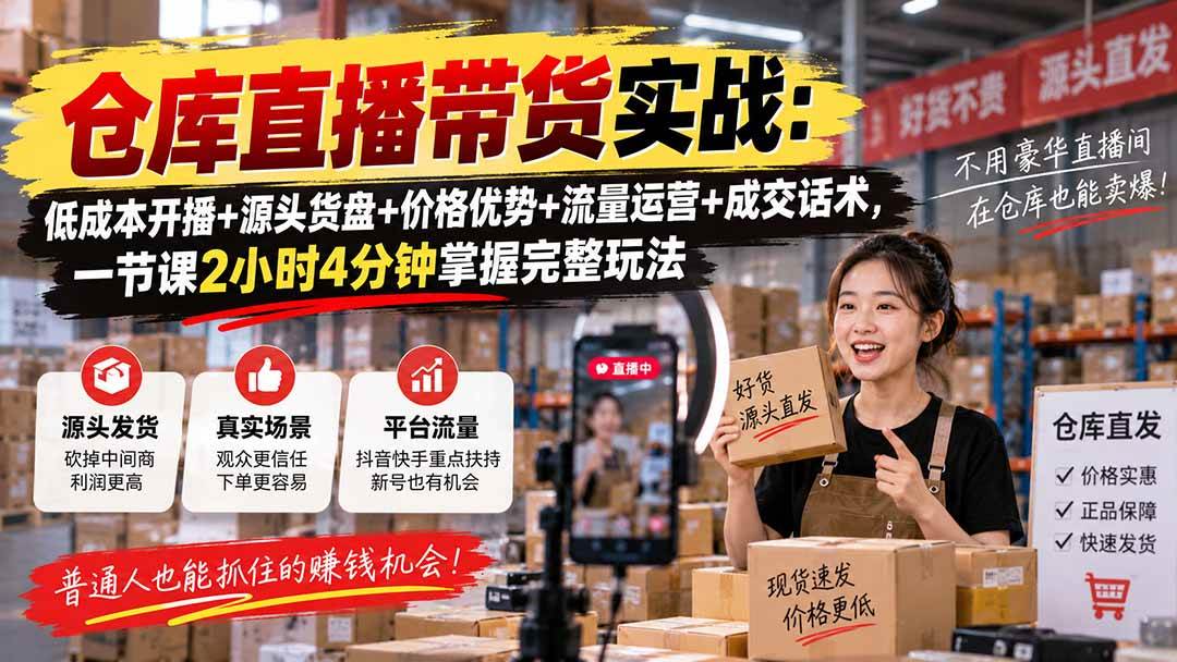 （20471期）仓库直播带货实战：低成本开播+源头货盘+价格优势+流量运营+成交话术，一节课2小时4分钟掌握完整玩法-优优云网创-中创网