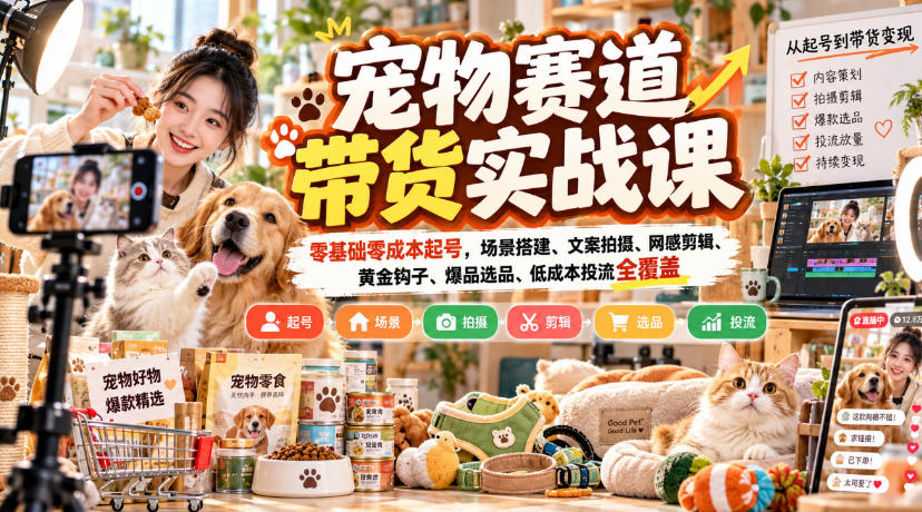 宠物赛道带货实战课,零基础零成本起号,场景搭建、文案拍摄、网感剪辑、黄金钩子、爆品选品、低成本投流全覆盖-优优云网创-中创网
