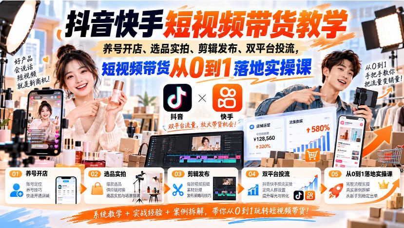 抖音快手短视频带货教学|养号开店、选品实拍、剪辑发布、双平台投流,短视频带货从0到1落地实操课-优优云网创-中创网