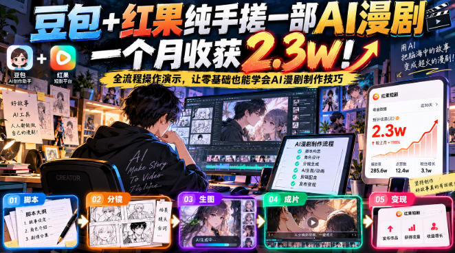 豆包+红果纯手搓一部AI漫剧一个月收获2.3w！全流程操作演示，让零基础也能学会AI漫剧制作技巧-优优云网创-中创网